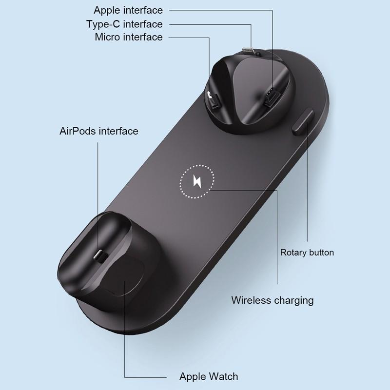 6-in-1 Wireless Charging Dock for Phone, Watch & AirPods - 10W Fast Qi Charger
