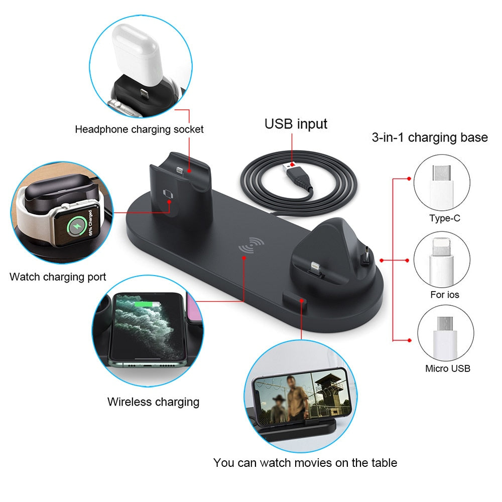 6-in-1 Wireless Charging Dock for Phone, Watch & AirPods - 10W Fast Qi Charger