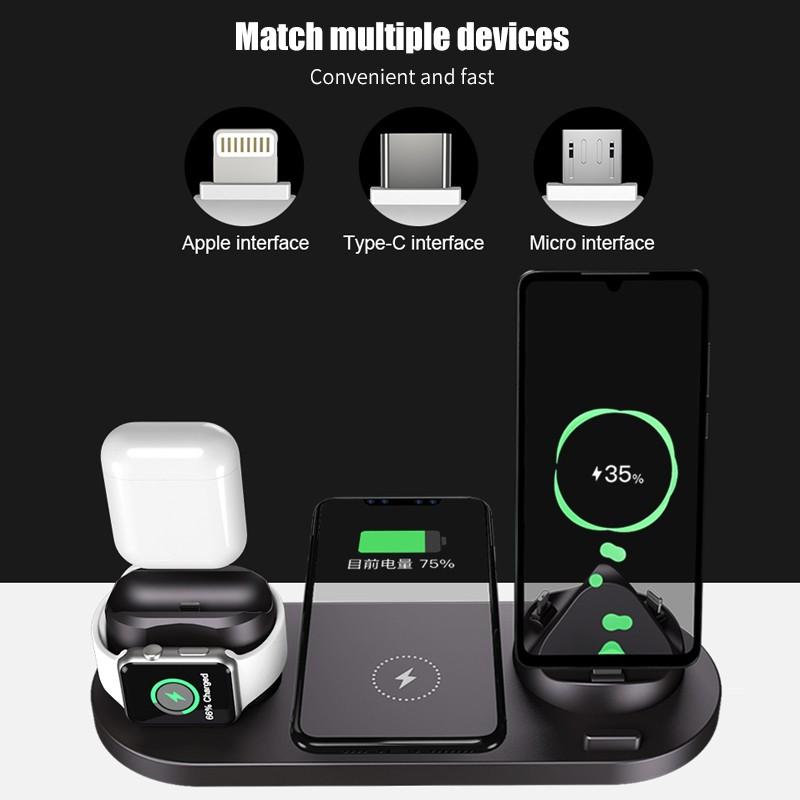 6-in-1 Wireless Charging Dock for Phone, Watch & AirPods - 10W Fast Qi Charger