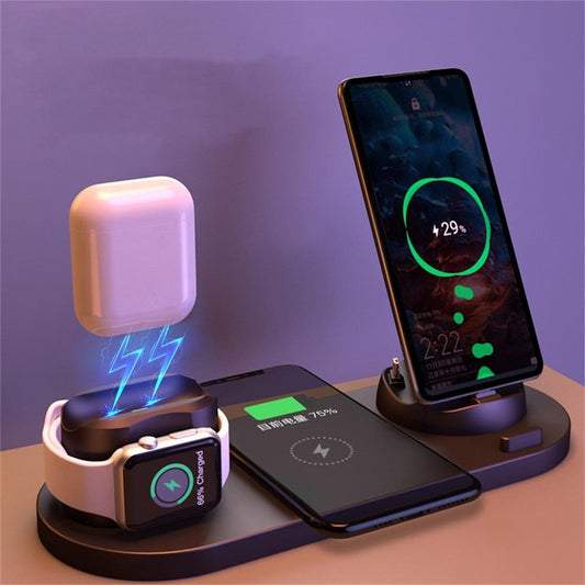 6-in-1 Wireless Charging Dock for Phone, Watch & AirPods - 10W Fast Qi Charger